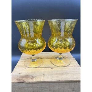 2 Vintage Empoli Amber Diamond Optic Brandy Snifters Vase MCM Pedestal Art Glass